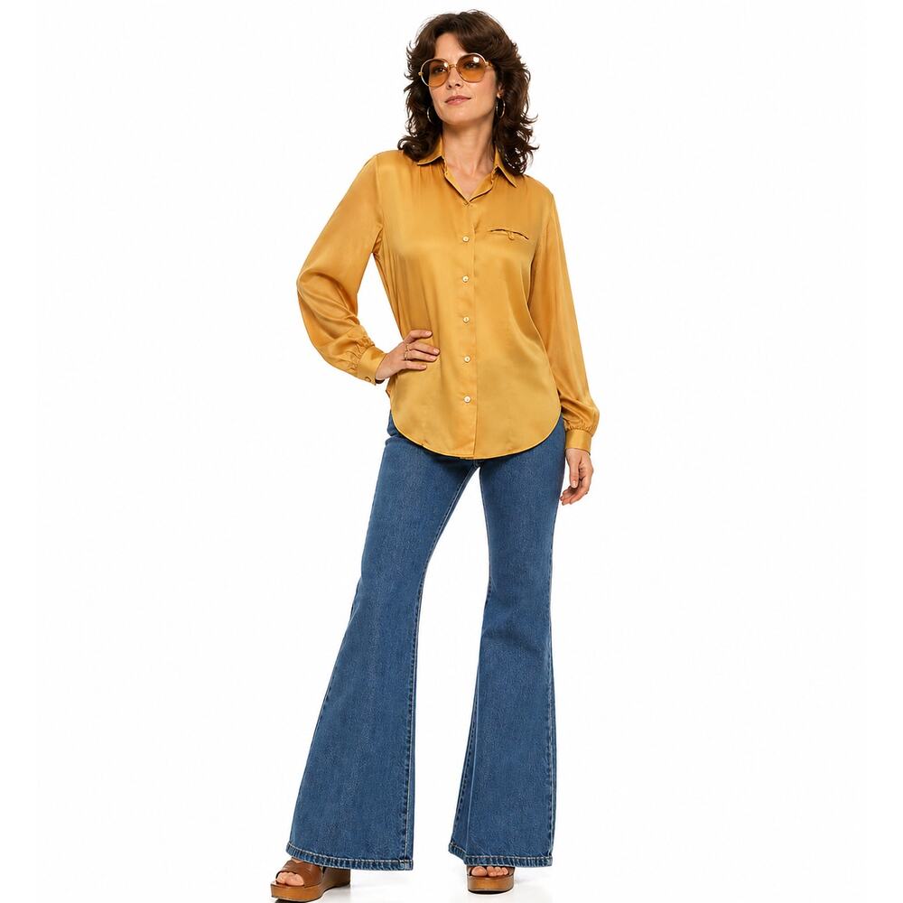 Vintage 70s Women's Small Laura Mae Mustard Button Front Blouse